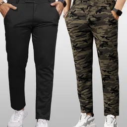 vebnor Pack of 2 Men Regular Fit Black, Green Lycra Blend Trousers-picture-34