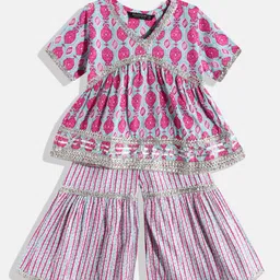 Readiprint Fashions Girls Pink & Sea Green Printed Pure Cotton Kurti with Sharara-picture-31