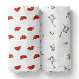 Moms Home Infants Set Of 2 White Printed Organic Cotton Muslin Swaddle-picture-23
