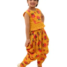 Lil Drama Kids Yellow Cotton Floral Top With Dhoti Set image 4