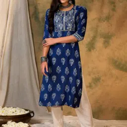 Indo Era Blue Printed Straight Kurta-picture-15