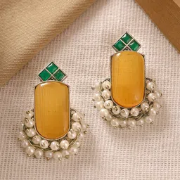 KRISHAZ Silver-Plated Artificial Stones Studded & Beaded Geometric Shaped Drop earrings image 2