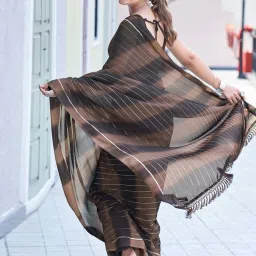 Satrani Brown Striped Saree With Unstitched Blouse image 5