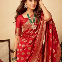 Satrani Red Woven Saree With Unstitched Blouse image 5