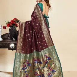 Satrani Brown & Teal Green Woven Saree With Unstitched Blouse image 5
