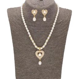 Sri Jagdamba Pearls Devotion Pearl White & Golden Necklace and Earring Set-picture-44