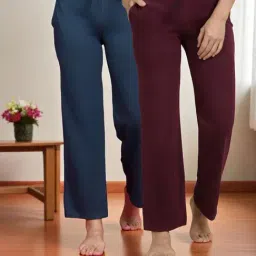 Kryptic Teal Blue & Burgundy Solid Lounge Pants - Pack Of 2-image-90