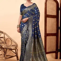 Satrani Navy Blue Art Silk Woven Saree With Unstitched Blouse-image-38