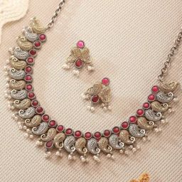 Saraf RS Jewellery Dual Tone Statement Stoned Mango Design Necklace & Earring Set-picture-19