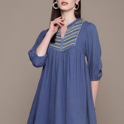Label Ritu Kumar Floral Embroidered Puff Sleeve A-Line Mini Dress-picture-39
