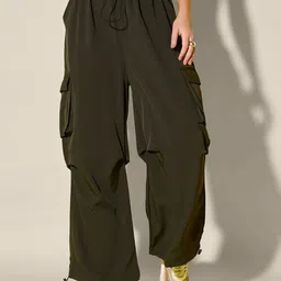 QIOA Women Relaxed Loose Fit High-Rise Wrinkle Free Flat-Front Parachute Trousers-image-1