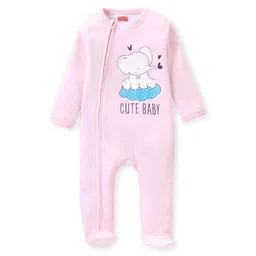 Babyhug Interlock Knit Full Sleeves Sleepsuit with Elephant Print - Pink-image-61
