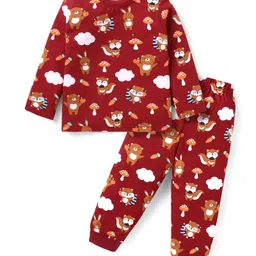 Babyhug Cotton Knit Full Sleeves Night Suit with Fox Print - Maroon-picture-26