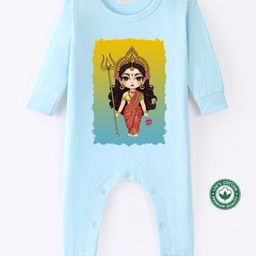 BLUSHES Durga Puja Theme 100% Cotton Full Sleeves Durga Maa Printed Romper - Aqua Blue-picture-38