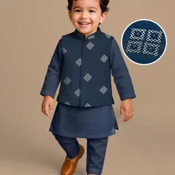 Babyhug Full Sleeves Kurta Pajama Set with Embroidered Jacket - Navy Blue-picture-14