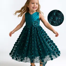 Babyhug Woven Sleeveless Party Dress With Floral Applique - Teal Blue-picture-10