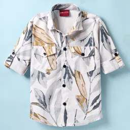 Radutu Full Sleeves Leaves Printed Shirt - White & Mustard-picture-23