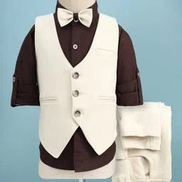 Robo Fry Cotton Woven Full Sleeves Solid Color 3 Piece Party Suit with Bow - White & Wine-image-56