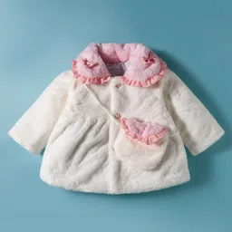 Babyhug Fur Woven Full Sleeves Jacket & Sling Bag with Bow Applique & Frill Detailing - White & Pink-picture-20