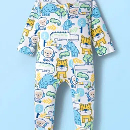 Babyhug Cotton Knit Full Sleeves Footed Sleepsuit With Animal Print - White-image-36