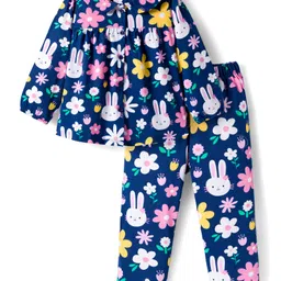 Babyhug Cotton Knit Full Sleeves Co-Ord Night Suit with Bunny & Floral Print - Navy Blue-picture-31