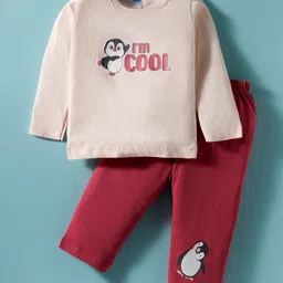 Tango Single Jersey Knit Full Sleeves T-Shirt & Lounge Pant Set with Penguin Print - Peach-picture-16