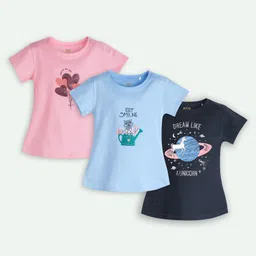 Ariel Cotton Knit Pack Of 3 Full Sleeves Unicorn & Keep Smiling Text Printed Tees - Pink Light &Navy Blue-picture-11