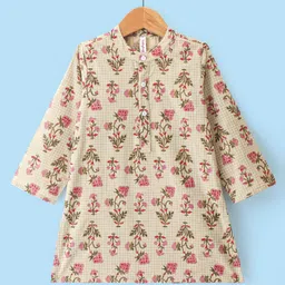 Babyhug Cotton Dobby Full Sleeves Floral Printed Kurta & Dhoti Set - Beige image 2