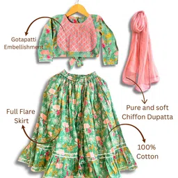 Mamma's Bear Pure Cotton Woven Full Sleeves Floral Printed Lehenga Choli With Dupatta Set - Green image 3