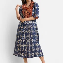 Crazy Needle Ethnic Motifs Printed Lapel Collar Cotton Fit & Flare Midi Dress-picture-33