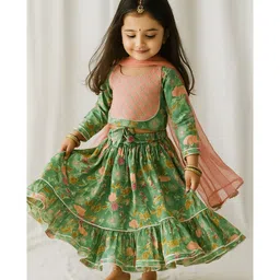 Mamma's Bear Pure Cotton Woven Full Sleeves Floral Printed Lehenga Choli With Dupatta Set - Green image 4