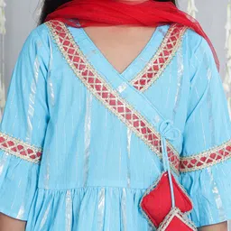 KID1 Cotton Woven Three Fourth Sleeves Foil Striped & Gotal Lace Embellished Angrakha Kurti Sharara With Dupatta Set - Blue image 5