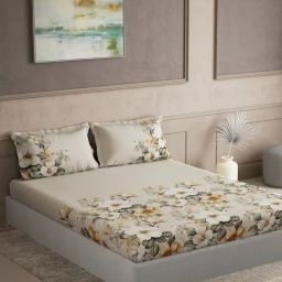 DDecor Memento Beige Cotton Floral 144 TC King Bedsheet with 2 Pillow Covers-picture-11