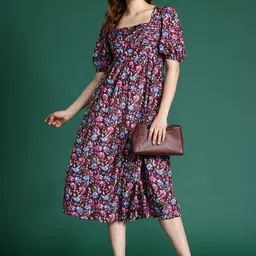 DressBerry Printed Puff Sleeve A-Line Midi Dress-image-57