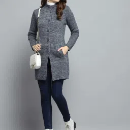 Monte Carlo Women's Grey Self Design Round Neck Full Sleeve Knitted Coat image 5
