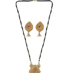Shining Glory Gold-Plated Artificial Stones Studded & Beaded Mangalsutra With Earrings image 2