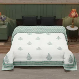 Peepul Tree Quilted Double Bed Cover in Fine Cotton | 300 TC | Reversible Block Printed Quilt image 5
