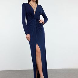 Trendyol Lacivert V-Neck High Slits Maxi Dress-picture-1