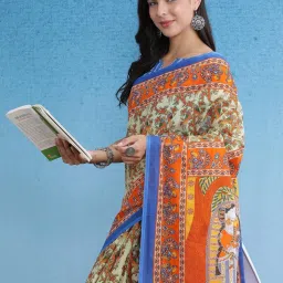 Saree Mall Beige Printed Sarees With Unstitched Blouse image 5