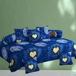 WELLNEST Set Of 8 Blue & White Printed Cotton Diwan Set image 1