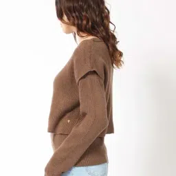 RAREISM Brown Acrylic Solid Long Sleeves Sweater image 4