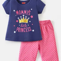 Babyhug Cotton Knit Half Sleeves Night Suit Mommys Princess Print - Navy Blue & Pink-image-26