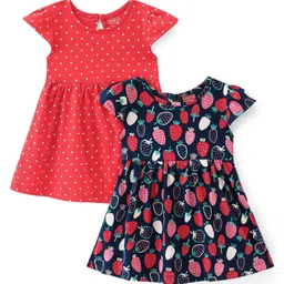 Babyhug Single Jersey Cotton Knit Cap Sleeves Frocks with Strawberry & Polka Dots Print Pack of 2 - Red & Navy Blue-picture-28