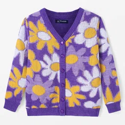 Pine Kids Full Sleeves Front Open Sweater With Floral Design - Purple Yellow & White-image-2