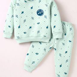 Simply Knit Full Sleeves Winter T-Shirt & Lounge Pant Set With Space Theme Print - Light Green-picture-44