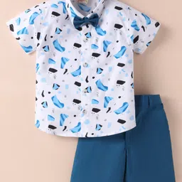 Rikidoos Half Sleeves Abstract Printed Shirt With Shorts & Bow Set - White & Blue-picture-20