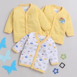 BUMZEE Interlock Cotton Knit Full Sleeves Jhablas with Stripes & Rainbow Print Pack of 3 - White & Yellow-picture-12