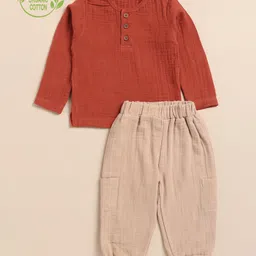 Cot & Candy Organic Cotton Full Sleeves Solid Tee & Lounge Pant Set - Picante & Latte-picture-24