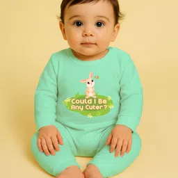 The Peppy Tend 100% Cotton Knit Full Sleeves Could I Be Any Cuter Text & Bunny Printed Romper - Sea Green-picture-35