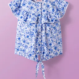 kookie kids india Kookie Kids Dobby Woven Frill Sleeves Knotted Top with Floral Print & Frill Detailing at Neck - Blue image 1